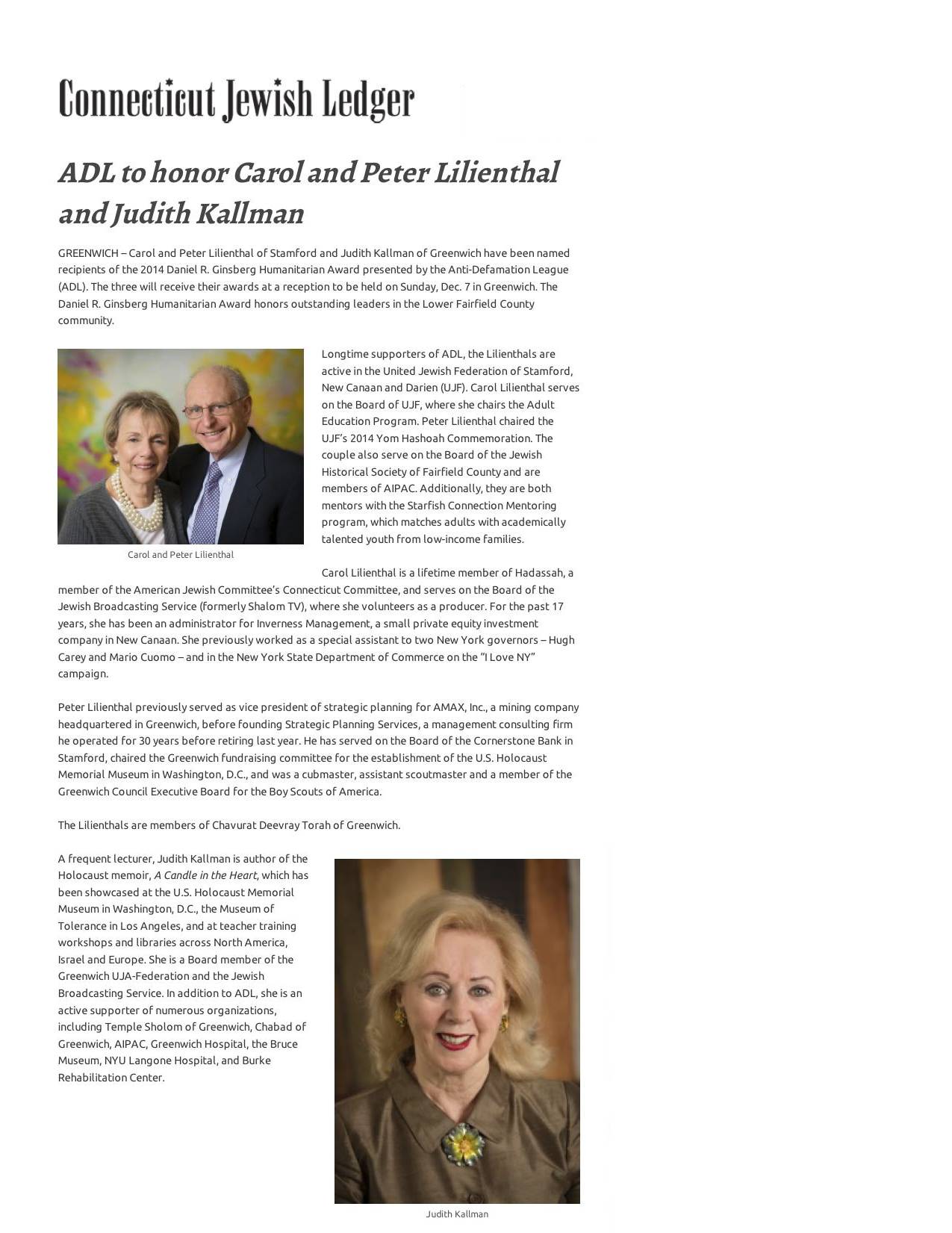 ADL to honor Carol and Peter Lilienthal and Judith Kallman - Jewish Ledger